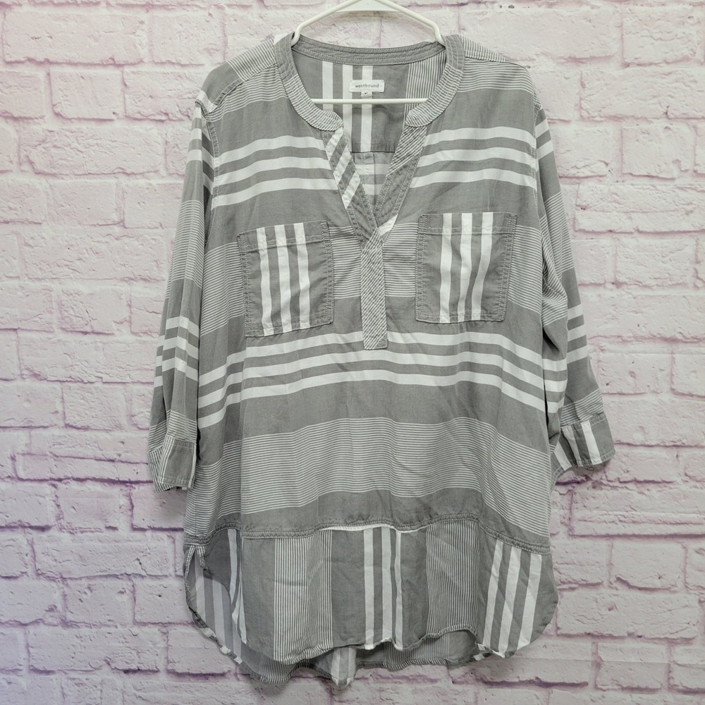 Westbound Tencel Striped Tunic Shirt Womens XL 3/4 Sleeve Notch Neck Boho Casual